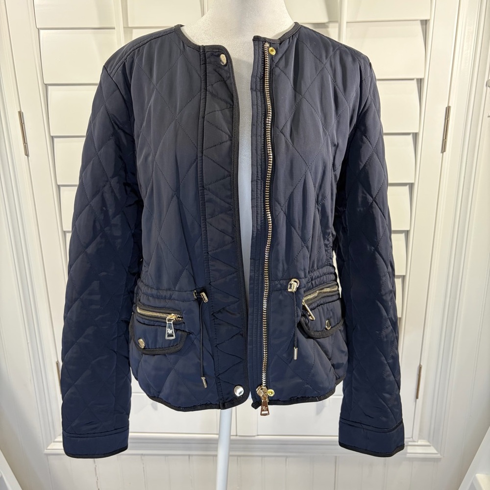 Zara Woman Full Zip Jacket Womens Navy Quilted Gold Hardware Pockets